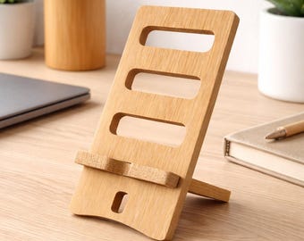Solid oak wood phone holder – Smartphone stand with cable management – Sustainable desk accessory