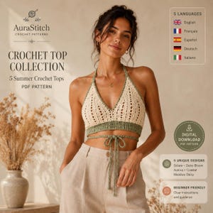 Peut inclure: Une collection de modèles de hauts au crochet intitulée AuraStitch Crochet Top Collection 5 Summer Crochet Tops PDF Pattern. L'image présente un haut court au crochet style dos nu, crème et vert olive, avec un lien à nouer et un décolleté en V.