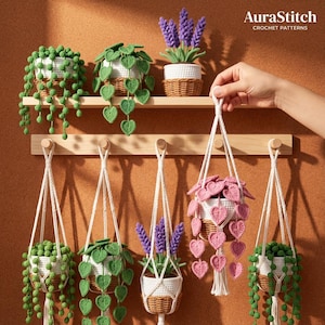 Peut inclure: Une collection de plantes en crochet présentées sur une étagère en bois et suspendues à un support en bois. Les plantes incluent des colliers de perles verts, des vignes à feuilles en forme de cœur et de la lavande violette dans des pots tressés.