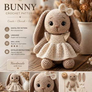 Crochet Bunny Pattern PDF Amigurumi Rabbit Tutorial Easy Crochet Animal Pattern Cute Bunny Plush with Dress Digital Download Crochet Pattern