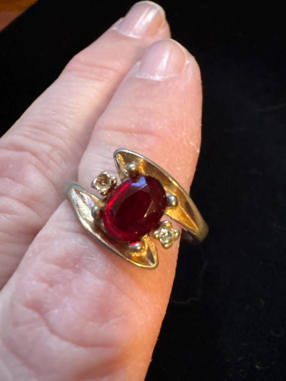Gold Tone Lab-Created Ruby Ring with Rhinestone A… - image 3