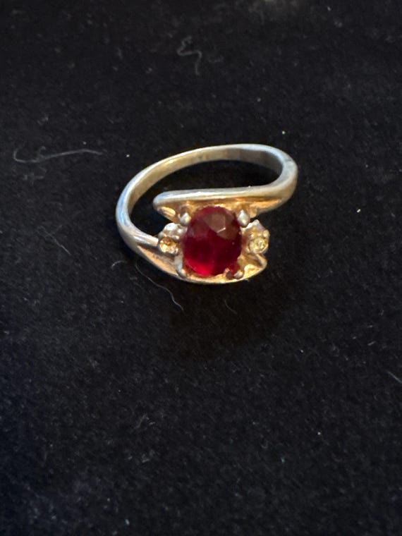 Gold Tone Lab-Created Ruby Ring with Rhinestone A… - image 1