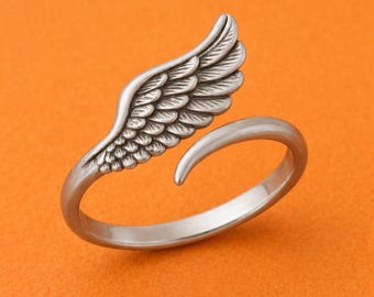 Elegante anillo de alas de ángel de plata esterlina, anillo minimalista ajustable con plumas /