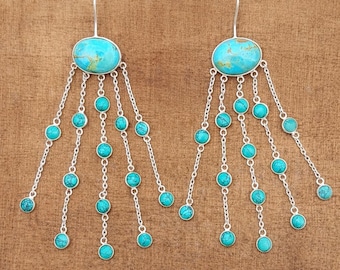 Turquoise Chandelier Earrings in 925 Silver | Handmade Boho Dangle Jewelry