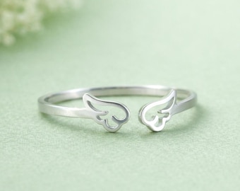 Angel Wings Open Silver Ring – Minimalist Adjustable Heart Wing Band