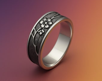 Sterling Silver Sakura Flower Ring – Minimalist Floral Nature Band