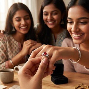 Ruby Red and White Crystal Ring, 925 Sterling Silver Plated 3-Stone Ring, Emerald Cut Red Gemstone Jewelry, Elegant Anniversary Gift for Her