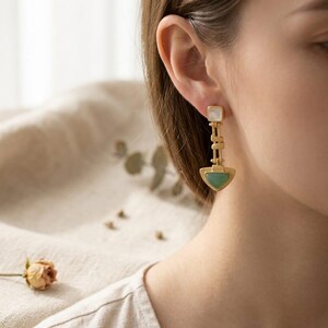 Green Stone Earrings Textured Matte Gold Dangles, Structural Statement Jewelry, Elegant Everyday Drop Earrings
