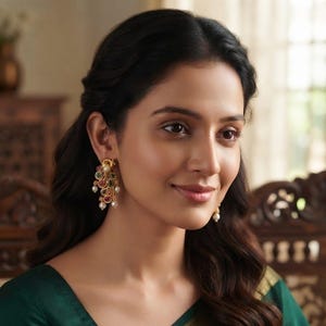 Gold Peacock Earrings with Ruby Red and Green Stones, Traditional Indian Navratna Jhumka, Ethnic Pearl Drop Jewelry