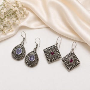 Oxidized Silver Gemstone Earrings Set, Purple Teardrop & Square Ruby Earrings, Indian Tribal Dangle Earrings, Boho Statement Jewelry