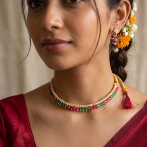 Pink Green Kundan Necklace Set, Indian Bridal Jewelry, Ruby Emerald Necklace, Traditional Wedding Jewelry, Handmade Ethnic Necklace Set