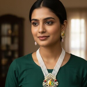 May include: A woman wearing a multi-strand white pearl necklace with a pendant featuring colourful enamel work and pink teardrop-shaped accents. Matching earrings with similar design elements complete the set. The woman is wearing a dark green top.