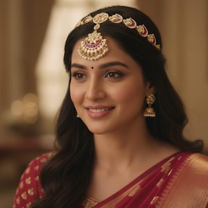 Może przedstawiać: Kobieta w złotej i czerwonej ozdobie głowy i pasujących kolczykach. Ozdoba głowy ma centralną zawieszkę z perłami i czerwonymi akcentami oraz opaskę z dekoracyjnymi elementami. Ma na sobie czerwone sari ze złotymi detalami.