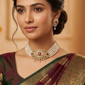 Pearl Choker Necklace Set with Ruby Stones, CZ Diamond Wedding Jewelry, Multi-Strand Pearl Mala, Indian Bridal Choker, Ethnic Statement Set