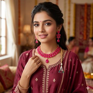 Pink Ruby Necklace Set - Indian Kundan Jewelry - Pink Stone Choker with Earrings - Bridal Wedding Jewelry