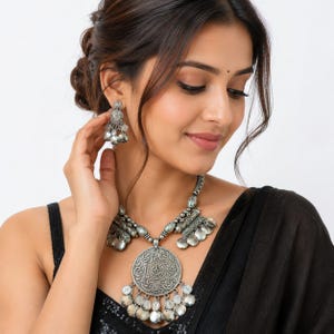 Oxidized Silver Necklace Set, Vintage Tribal Jewelry, Boho Statement Necklace, Indian Ethnic Jewelry, Gift for Women