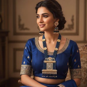 May include: A woman wearing a royal blue blouse with gold embroidery and a matching necklace and earrings set. The necklace features a central pendant and beaded strands. The earrings are a matching design. The blouse has short sleeves.
