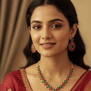 Könnte beinhalten: Eine Frau trägt eine goldene Halskette und passende Ohrringe mit roten und grünen Edelsteinen. Die Halskette hat einen großen Anhänger mit einem grünen Mittelstein. Die Frau trägt ein rotes Oberteil.