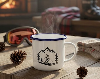 Personalized Enamel Mug Skiers & Mountains – Ski Gift with Name – Winter Outdoor Fans