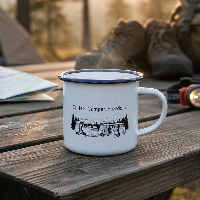 Vanlife Camping Classic – Enamel Mug with Name & Saying – Personalized Gift image 1