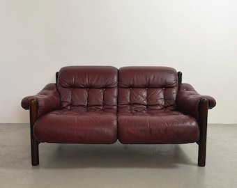 Schwedisches Vintage „Drabant“ Zweisitzer-Ledersofa von Ulferts, Rubinrotes Ochsenblut-Leder, 1970er Jahre