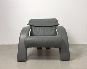 Vintage Züco Sculptural Leather Lounge Chair, Adjustable Headrest, Grey Swiss Postmodern Armchair, 1980s–1990s