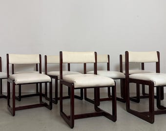 Set of 4 Vintage 1970s Italian Dining Chairs in Dark Stained Wood and White Vinyl, Minimalist Mid-Century Modern Chairs