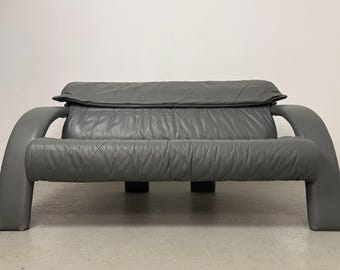 Vintage Züco Grey Leather Two-Seater Sofa, Adjustable Headrest, Swiss Postmodern Loveseat, 1980s–1990s