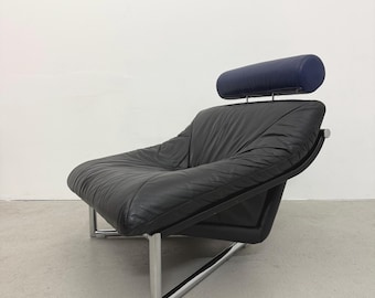 Vintage 1980s Leather Lounge Chair with Chrome and Wooden Frame