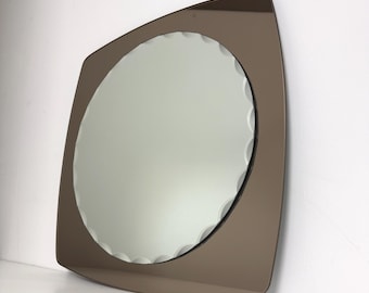 Vintage Mid Century Italian Smoked Glass Mirror, 1970s, Cristal Arte Style, Bronze and Clear Bevelled Mirror