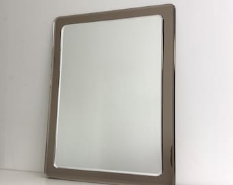 Vintage Italian Two-Tone Smoked Glass Mirror, 1950s–1960s, Fontana Arte Style, Beveled Wall Mirror