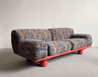 Carlo Bartoli Logo 2-Seater Sofa | 1980s Italian Postmodern Leather Jacquard Upholstery