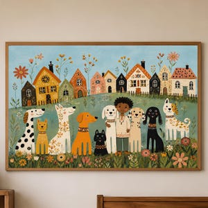 May include: A rectangular wall art print in a wooden frame featuring a colorful illustration of a child standing in a field of flowers surrounded by eleven dogs of various breeds and colors, with a row of small houses in the background.