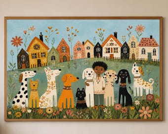Grafika do pokoju dziecięcego w stylu afrohemijskim, sztuka dla miłośników psów dla dzieci, wystrój pokoju zabaw w stylu afro boho, dekoracja pokoju dziecięcego z uroczymi psami, pobieranie cyfrowe