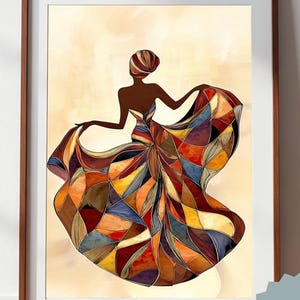 Abstract Dancing Woman Printable Wall Art, African Boho Living Room Poster, Geometric Flow Dress, Afro Chic Home Decor, Digital Download 105