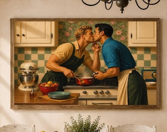 Grafika kuchenna dla pary gejów, plakat LGBTQ, sztuka ścienna w stylu retro cottagecore, wystrój kuchni w stylu vintage, romantyczna sztuka gejowska, pobieranie cyfrowe