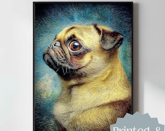 Grafika ścienna z mopsem, obraz psa inspirowany Van Goghiem, impresjonistyczny portret zwierzaka, kolorowe dzieło sztuki przedstawiające psa, fantazyjna sztuka, prezent dla miłośnika psów 112