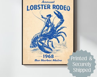 Plakat Vintage Lobster Rodeo – nadruk z homarem z Maine, wystrój w stylu kowbojki z wybrzeża, nadruk na festiwal w stylu retro, dekoracja domu w Maine, sztuka westernu z wybrzeża