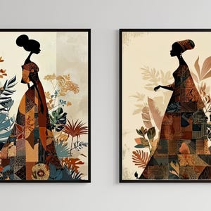 May include: Two framed art prints featuring silhouettes of women in patterned dresses. The figures are surrounded by stylized botanical elements in shades of brown, beige, and blue. The artwork has a warm, earthy color palette.