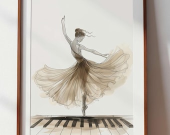 Ballet Dancer Piano Keys Wall Art, Neutral Minimalist Dance Studio Poster