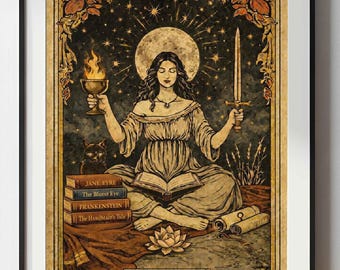 May include: A framed poster titled THE READER featuring a person sitting cross-legged with an open book, a flaming chalice, and a sword. The illustration includes a black cat, a lotus flower, and a stack of books labeled Jane Eyre, The Bluest Eye, Frankenstein, and The Handmaid's Tale under a full moon and stars, marked with the Roman numeral XVIII.