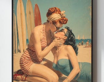 May include: A framed vintage-style print depicts two women kissing on a beach. One wears a red and white striped swimsuit, the other a blue strapless dress. Surfboards stand in the background, with sailboats on the horizon. The artwork has a retro aesthetic.