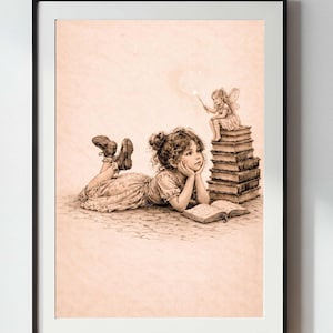 May include: A framed sepia-toned print depicts a young girl lying on the ground, reading a book. A fairy sits atop a stack of books, holding a wand. The artwork is a detailed pencil sketch, evoking a whimsical, storybook theme.