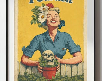 Grafika ogrodowa z czarnym humorem, zabawna, sarkastyczna dekoracja ścienna, plakat w stylu Mid Century, prezent dla ogrodnika, eklektyczna dekoracja