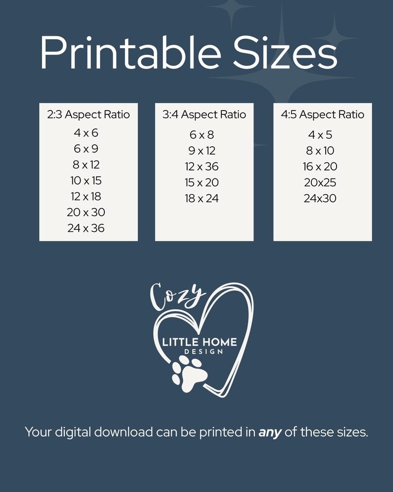 May include: A dark blue informational graphic titled Printable Sizes, listing dimensions for 2:3, 3:4, and 4:5 aspect ratios in inches. Below, a white heart logo with a paw print and the text Cozy Little Home Design appears.