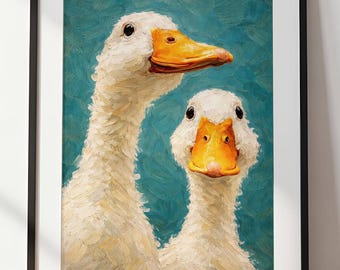 Puede incluir: Una impresión artística enmarcada que presenta una pintura al óleo de dos patos blancos con picos de color naranja brillante sobre un fondo azul cerceta texturizado. Los patos están representados con pinceladas visibles, uno mirando de lado y otro de frente.
