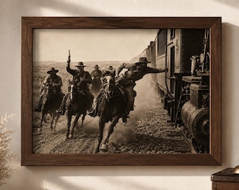 Kowboje-banici w stylu vintage | Czarno-białe dekoracje w stylu western | Rustykalny plakat w stylu wiejskim | Miłośnicy pociągów | Wydruk artystyczny „Ranch Cabin Lodge” | 224