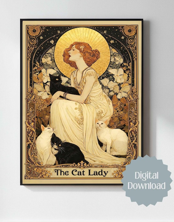 Vintage Cat Wall Art Printable, Art Nouveau Cat Lady Illustration, Feminine Boho Cottagecore Decor, Digital Download
