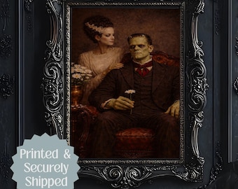Panna młoda Frankensteina i portret wiktoriański Frankensteina – wystrój Dark Academia, Universal Monsters, gotycka sztuka romantyczna, Dark Academia