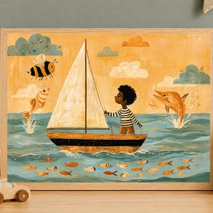 May include: A framed illustration featuring a person with dark curly hair in a striped shirt sailing a wooden boat on a blue sea. A large bee flies above, while a fish and a dolphin jump from the water. Small orange fish swim below the boat.